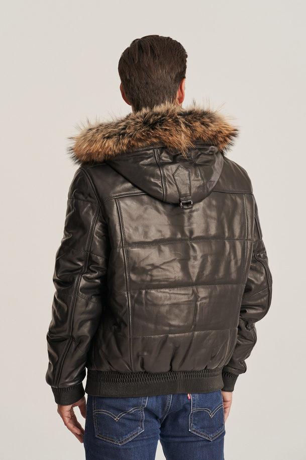 Herren Winter Leder Jacke mit Fellkapuze, 100% Lammleder,  schwarz mit abnehmbare Kapuze, warm gefüttert, Bluson Schnitt